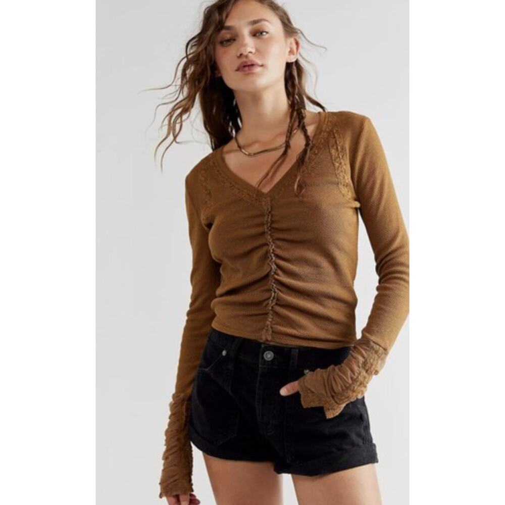 Free People Wear Me Out Brown Waffle Knit Ruched Mesh Sleeve Top Small
